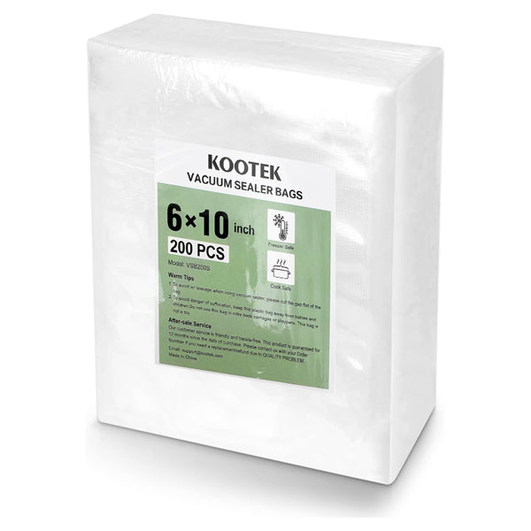 Kootek 200 Pack Commercial Vacuum Sealer Bags, pint size 6x10, feature puncture resistance and come in clear packaging with a green and white label—perfect for reliable food storage.